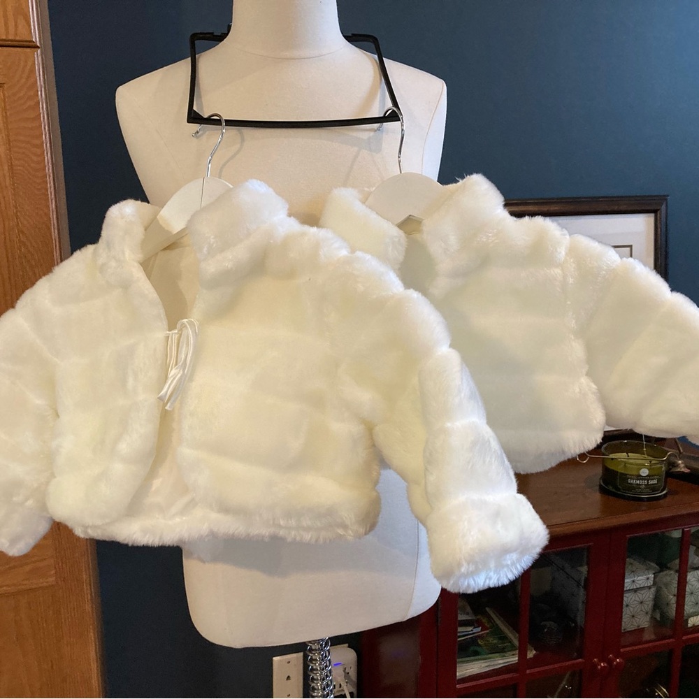 Children’s  White Faux Fur Jacket with Ribbon tie closure. Sizes 2 & 4 years